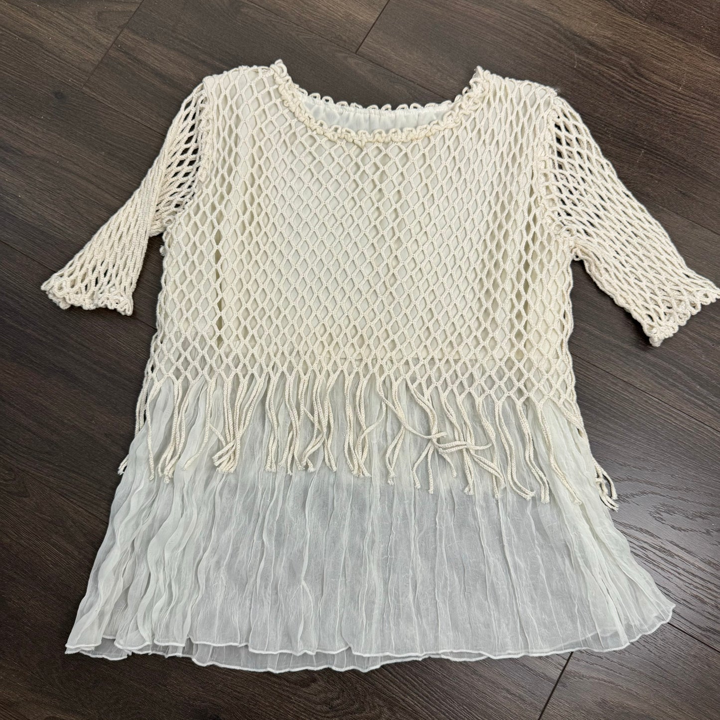 Cream Crochet Chiffon Fringe Short Sleeve Top