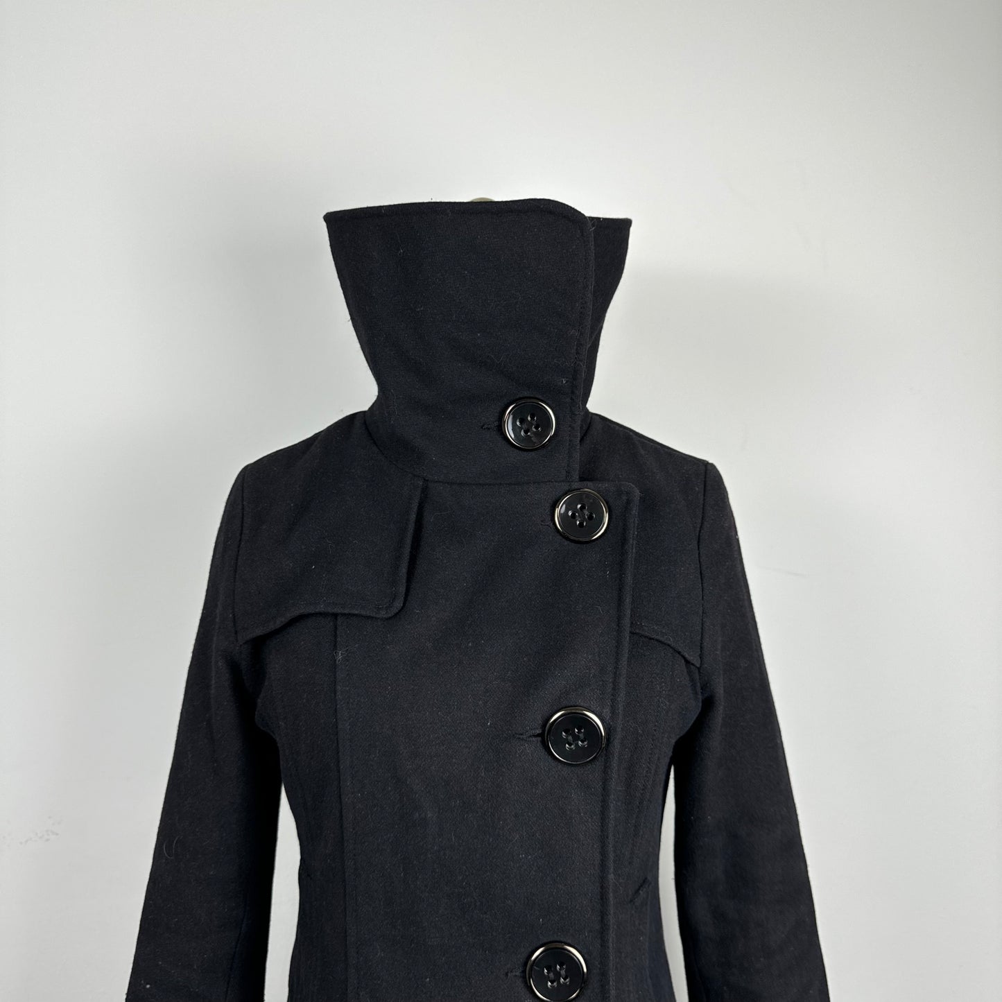 Black Wool Funnel Neck Trench Coat