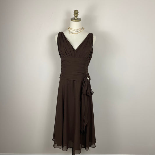 Vintage Brown Ruffled Drop-Waist Midi Dress
