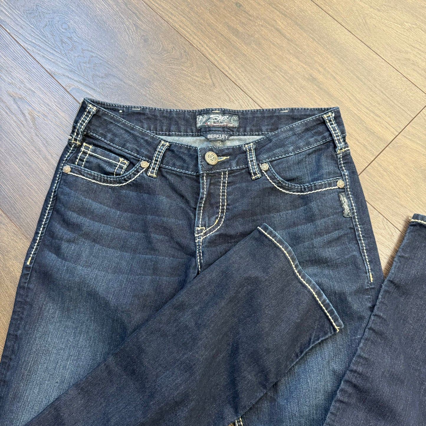 Silver Low Rise Dark Wash Straight Cut Jeans