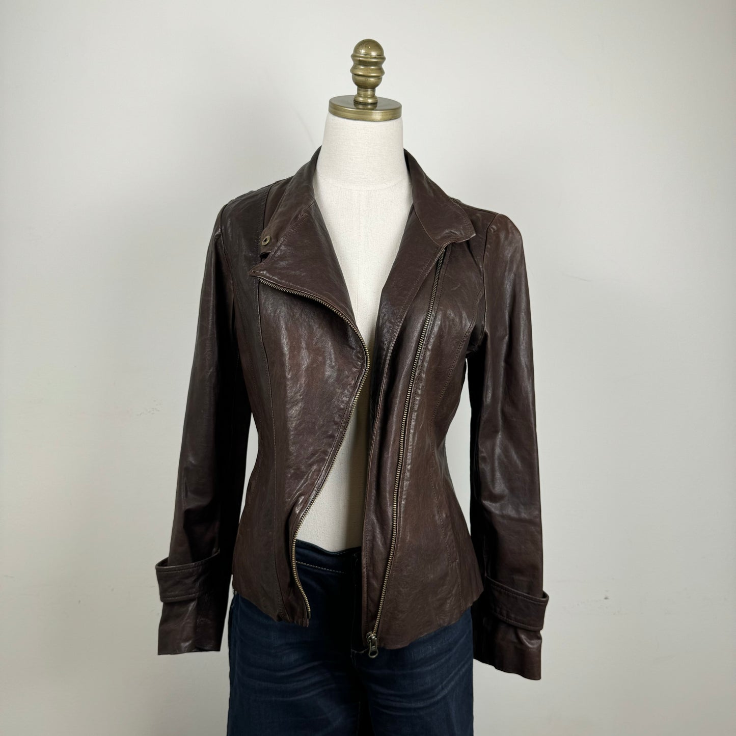 Brown Asymmetric Fitted Moto Genuine Leather Jacket