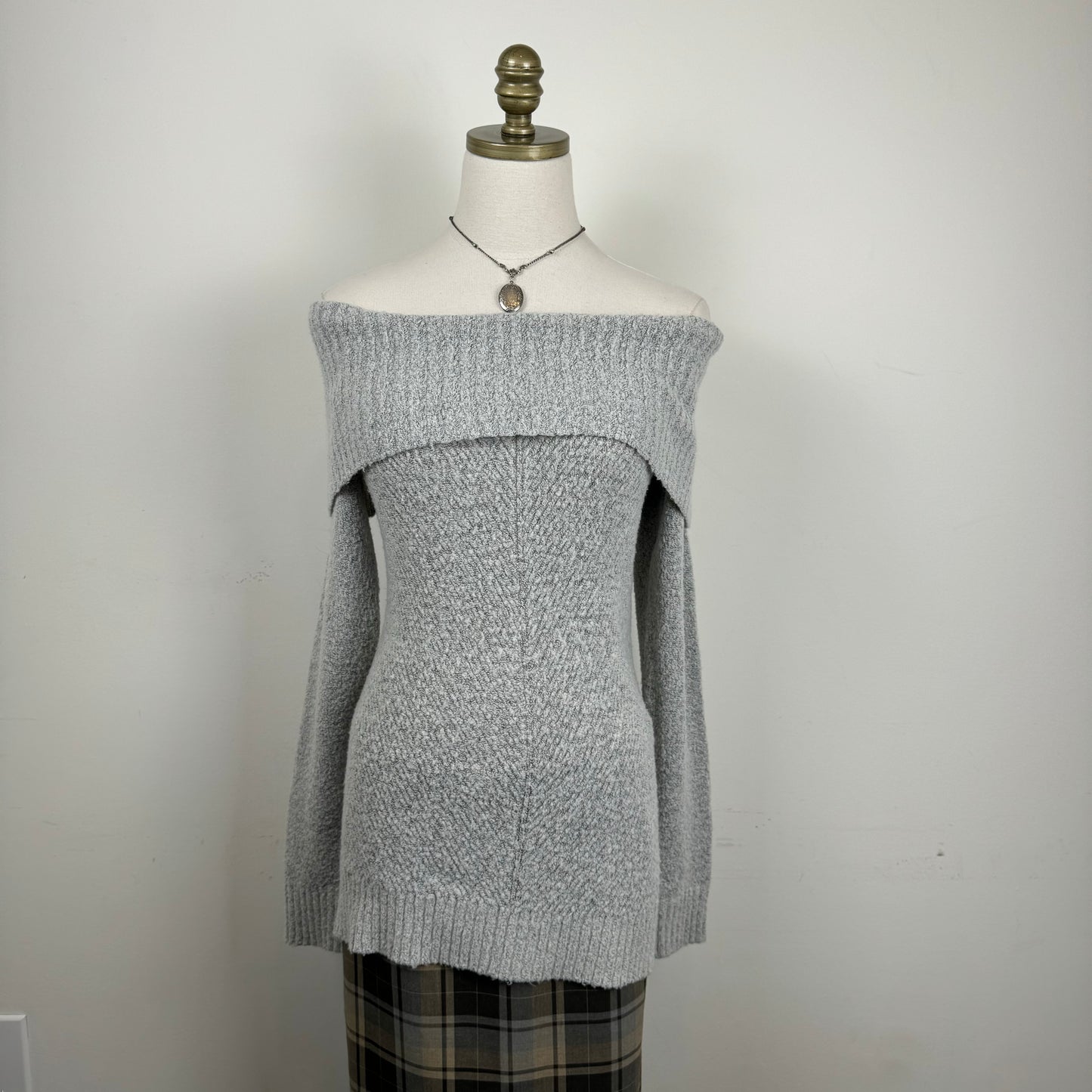 Grey Soft Knit Off The Shoulder Sweater