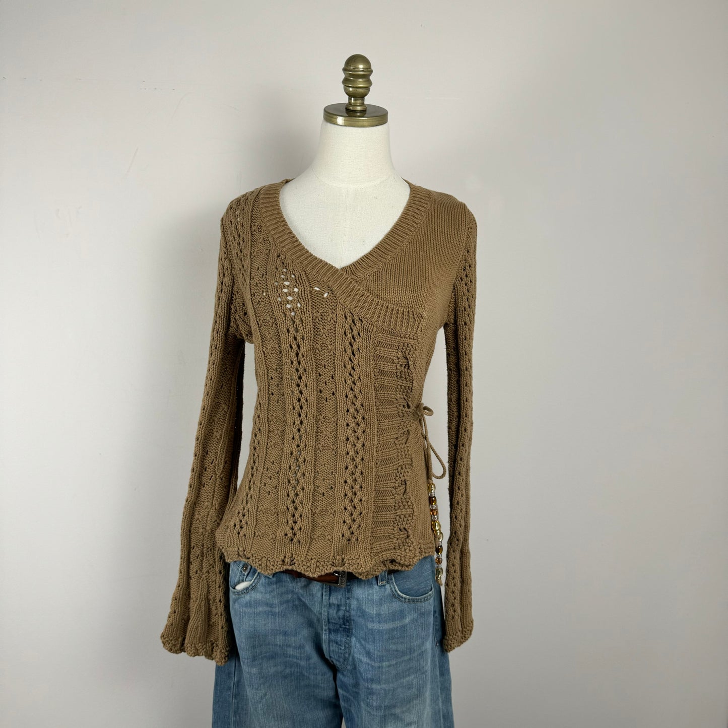 Cable Knit Tie Up Bell Sleeve Cardigan