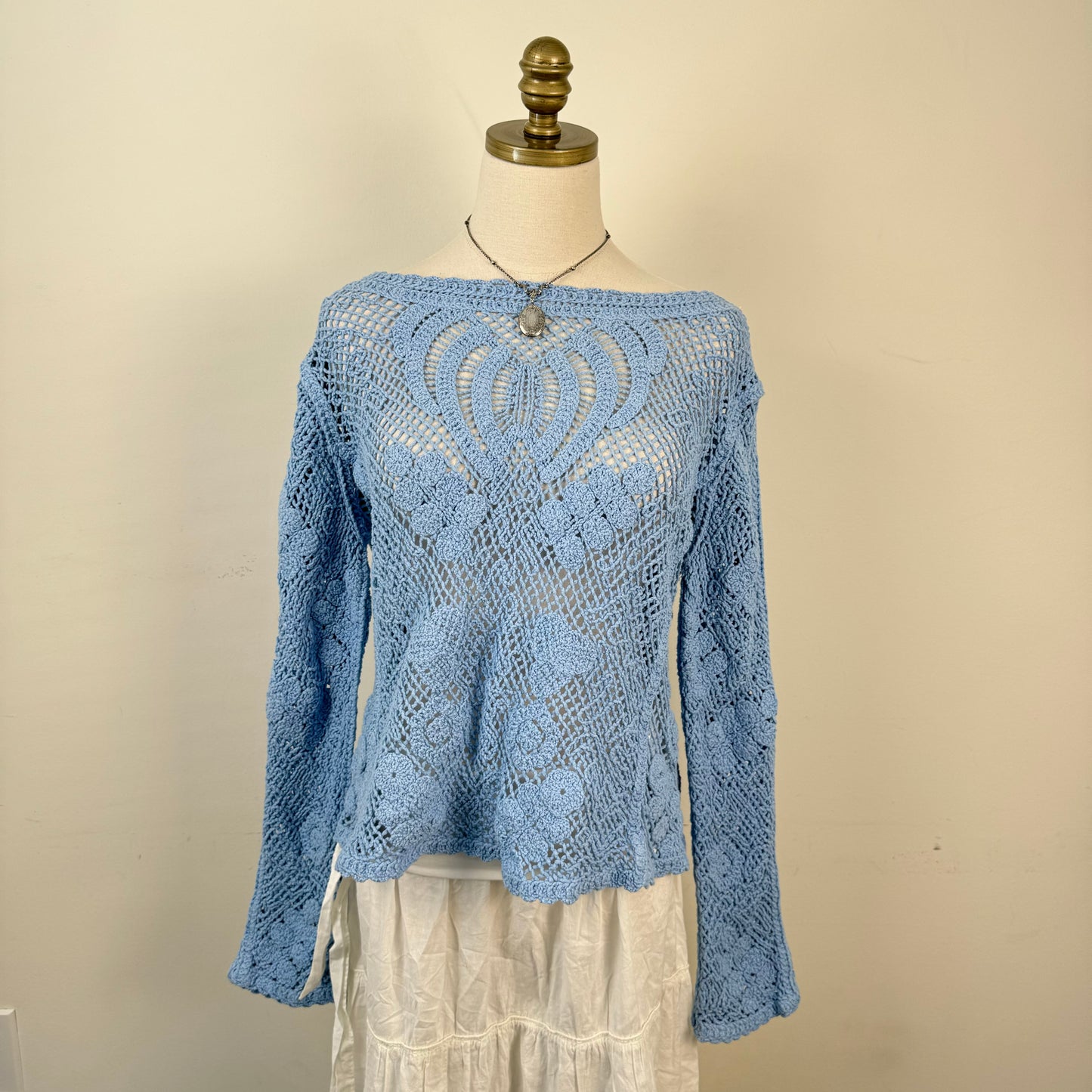 Blue Crochet Boat Neck Sweater