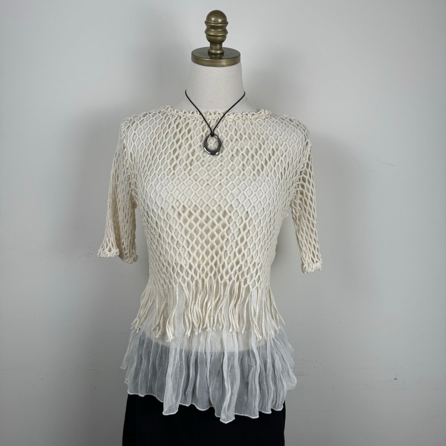 Cream Crochet Chiffon Fringe Short Sleeve Top