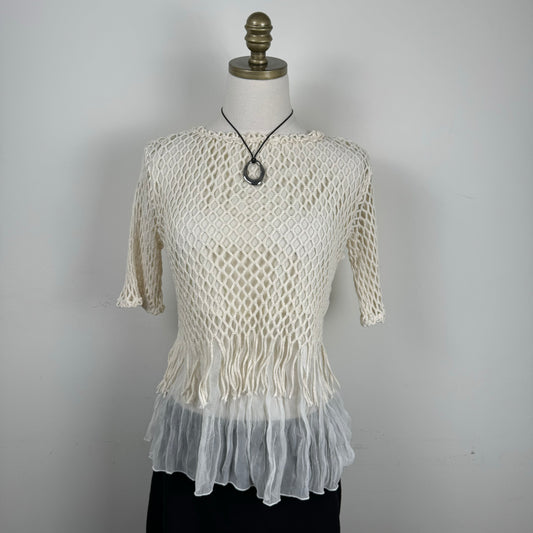 Cream Crochet Chiffon Fringe Short Sleeve Top