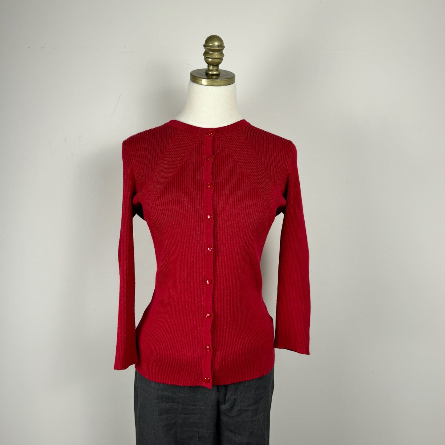 Red Ribbed Knit Fitted Cardigan