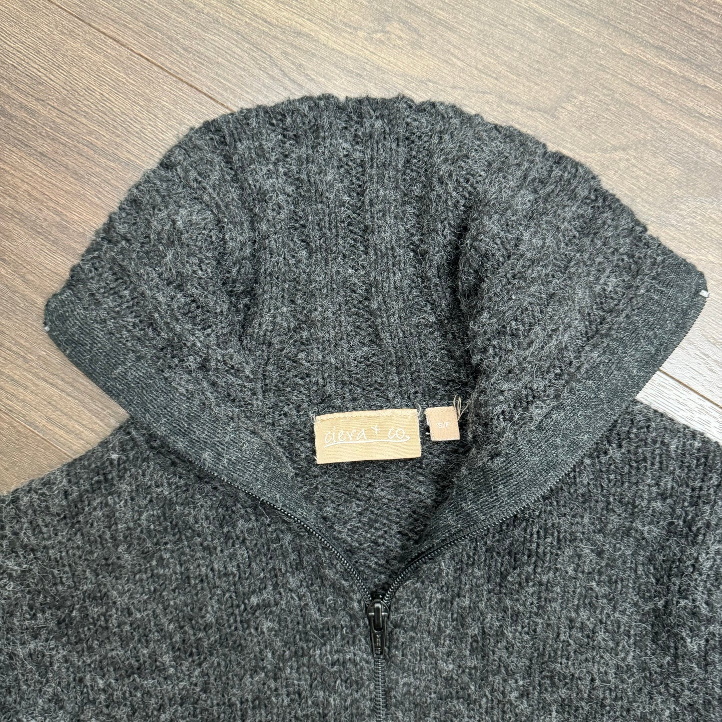 Dark Grey Zip Up Fold Over Collar / Turtleneck Sweater