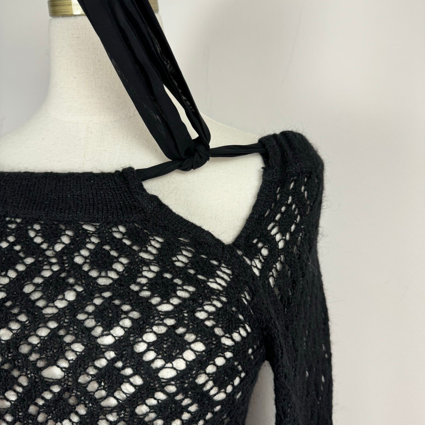 Vintage Black Off Shoulder Open Knit Sweater