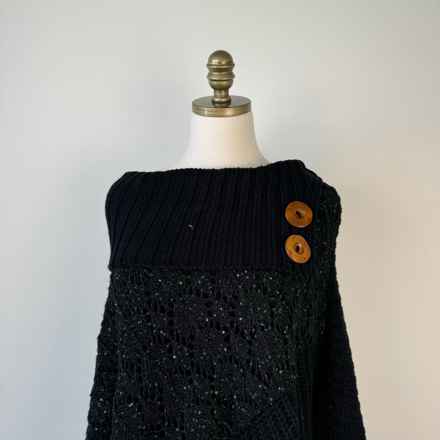 Black Knit Poncho with Brown Buttons