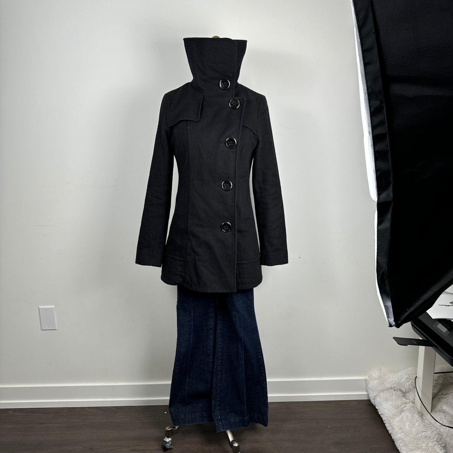 Black Wool Funnel Neck Trench Coat