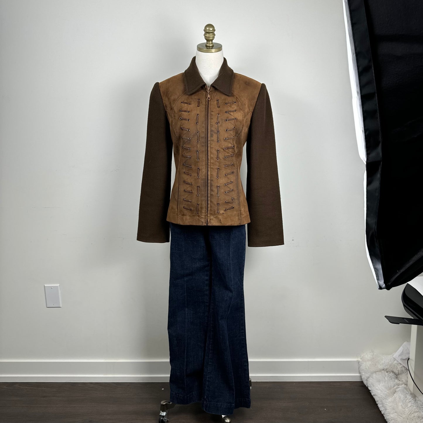 Brown Faux Suede Jacket with Lace Up Details