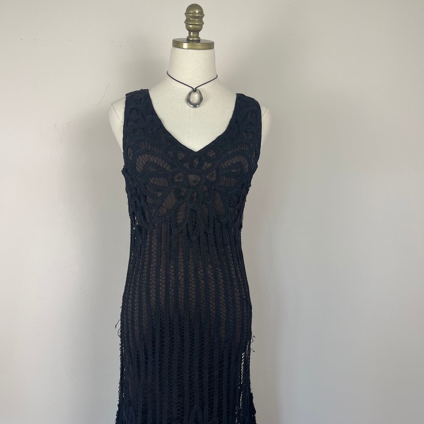 Vintage Open Knit Black and Brown Maxi Dress