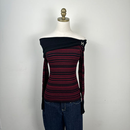 Striped Off Shoulder Fitted Sweater