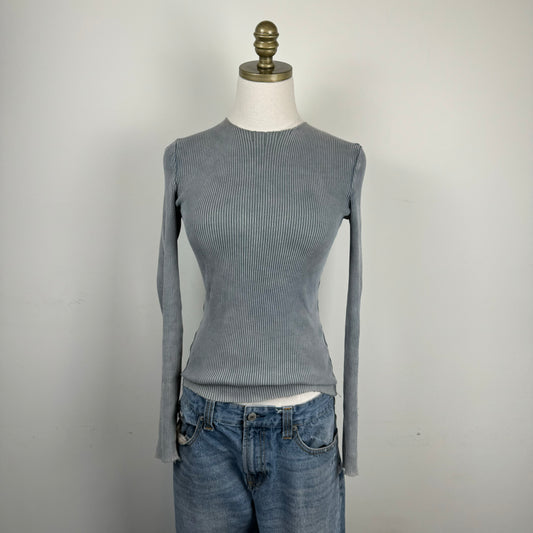 Blue Distressed Thin Knit Fitted Sweater