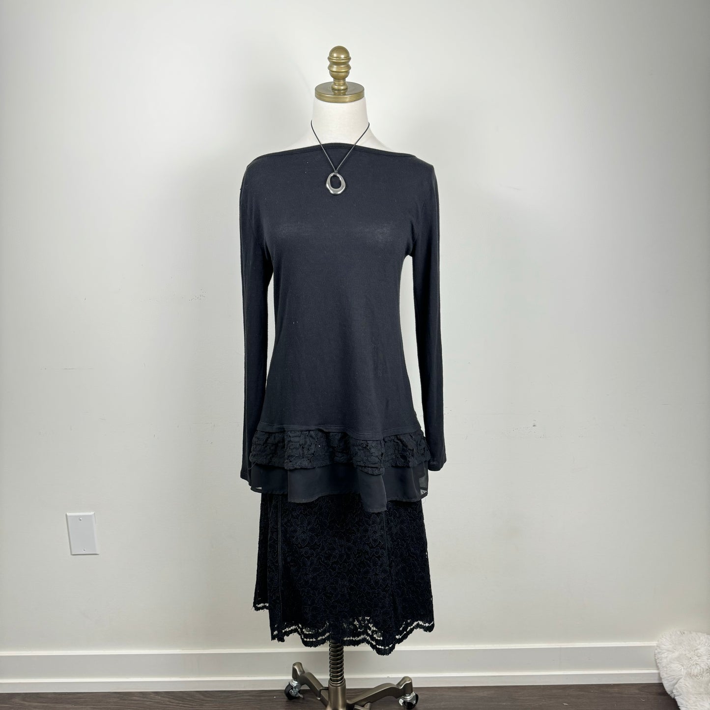 Black Ruffle Lace Hem Long Sleeve Top