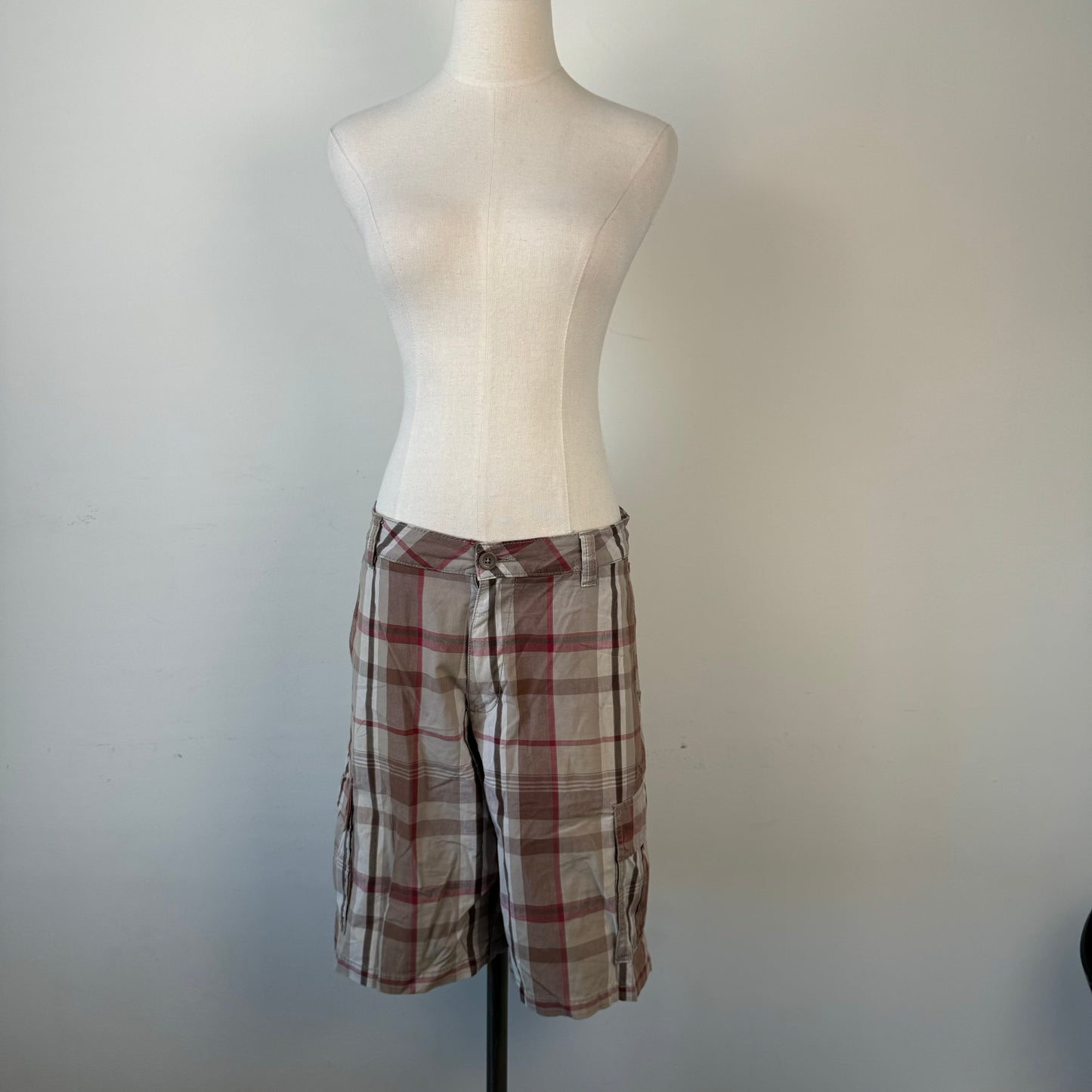 Beige/Red/Brown Plaid Bermuda Shorts