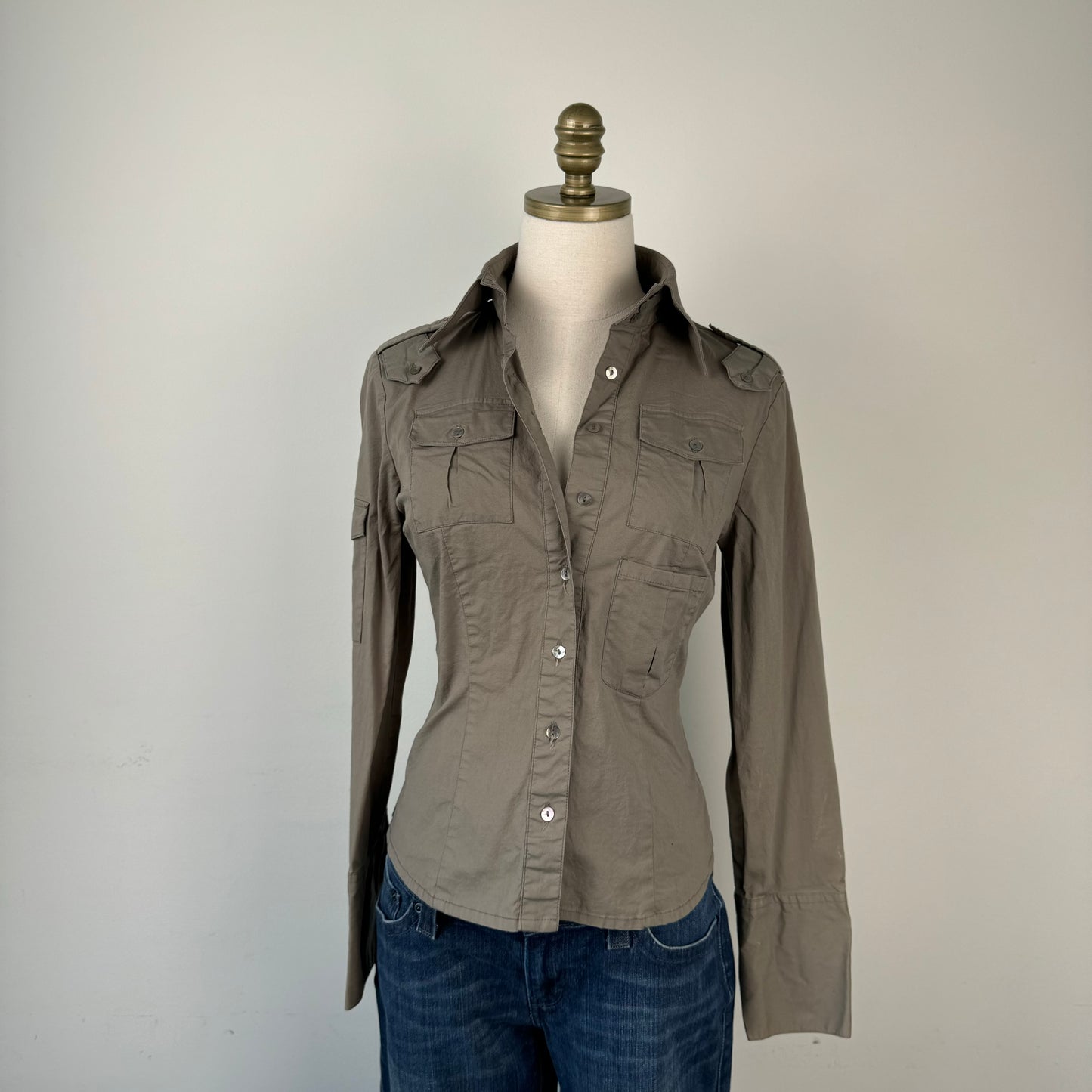 Khaki/Olive Green Fitted Utility Button Up Shirt