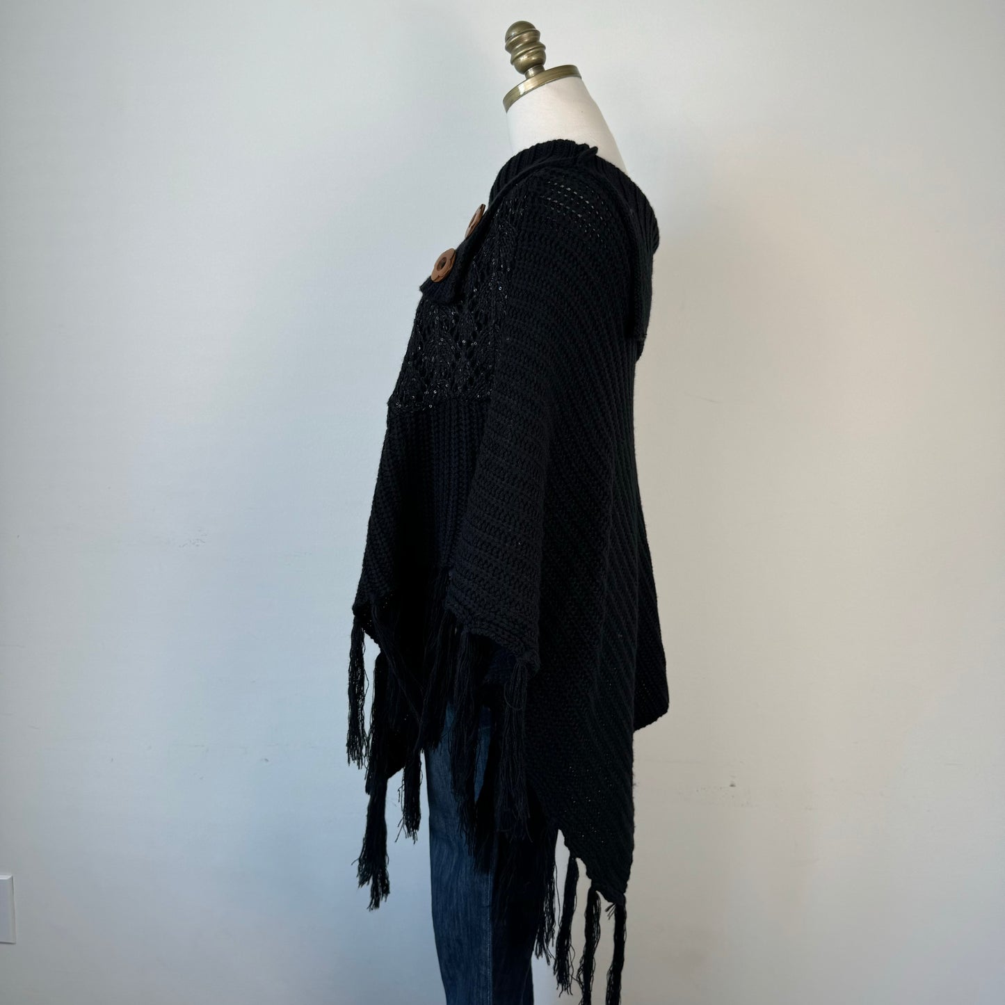 Black Knit Poncho with Brown Buttons