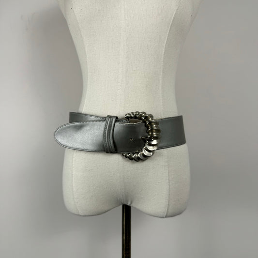 Grey Chunky Silver Buckle Statement Belt