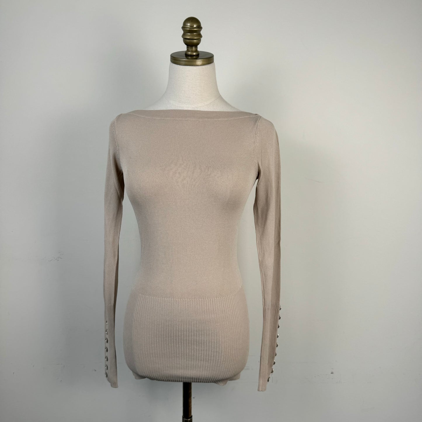 Beige Boat Neck Fitted Long Sleeve Knit Top