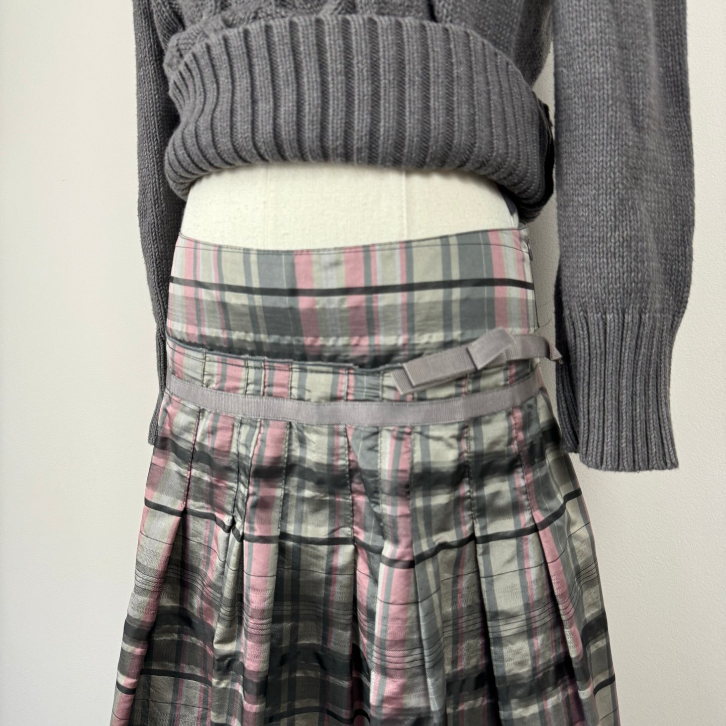 Grey and Pink Coquette Plaid Midi Skirt