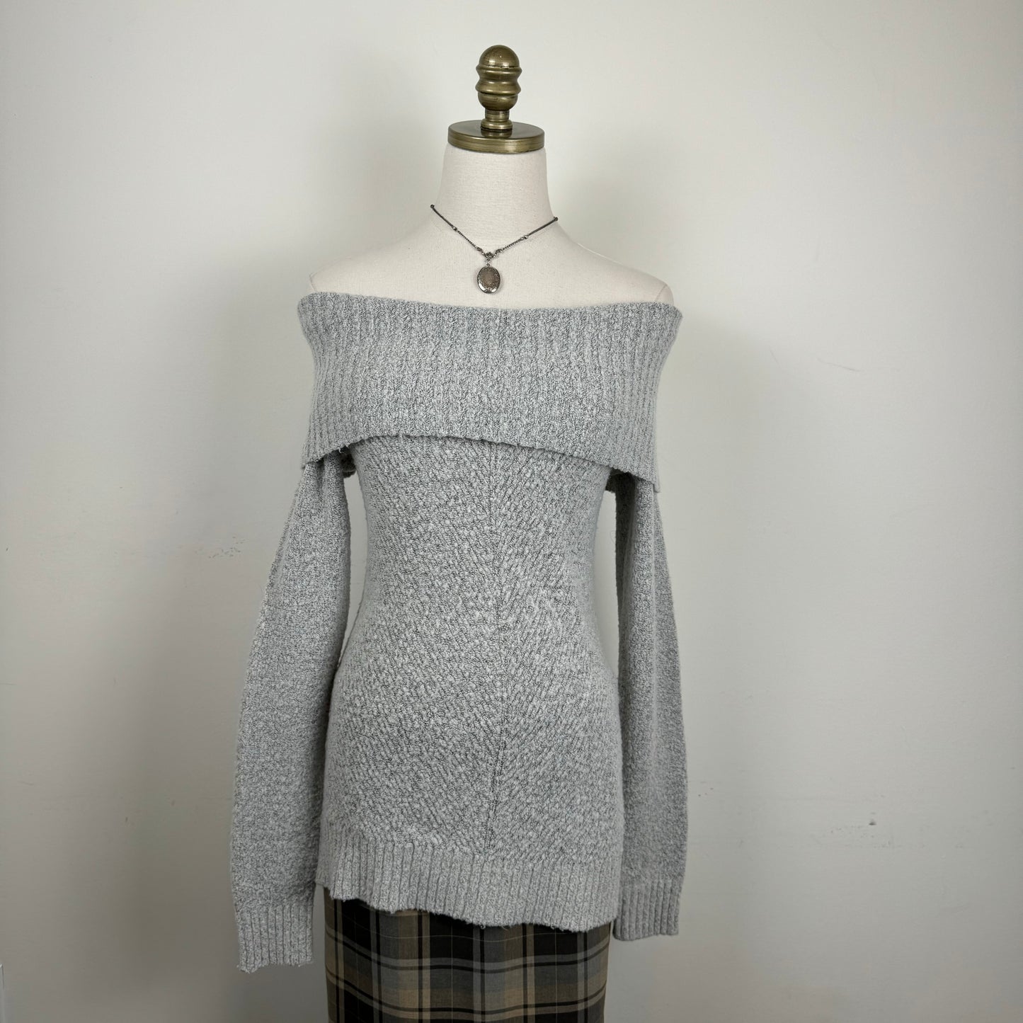 Grey Soft Knit Off The Shoulder Sweater