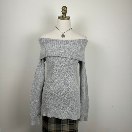 Grey Soft Knit Off The Shoulder Sweater