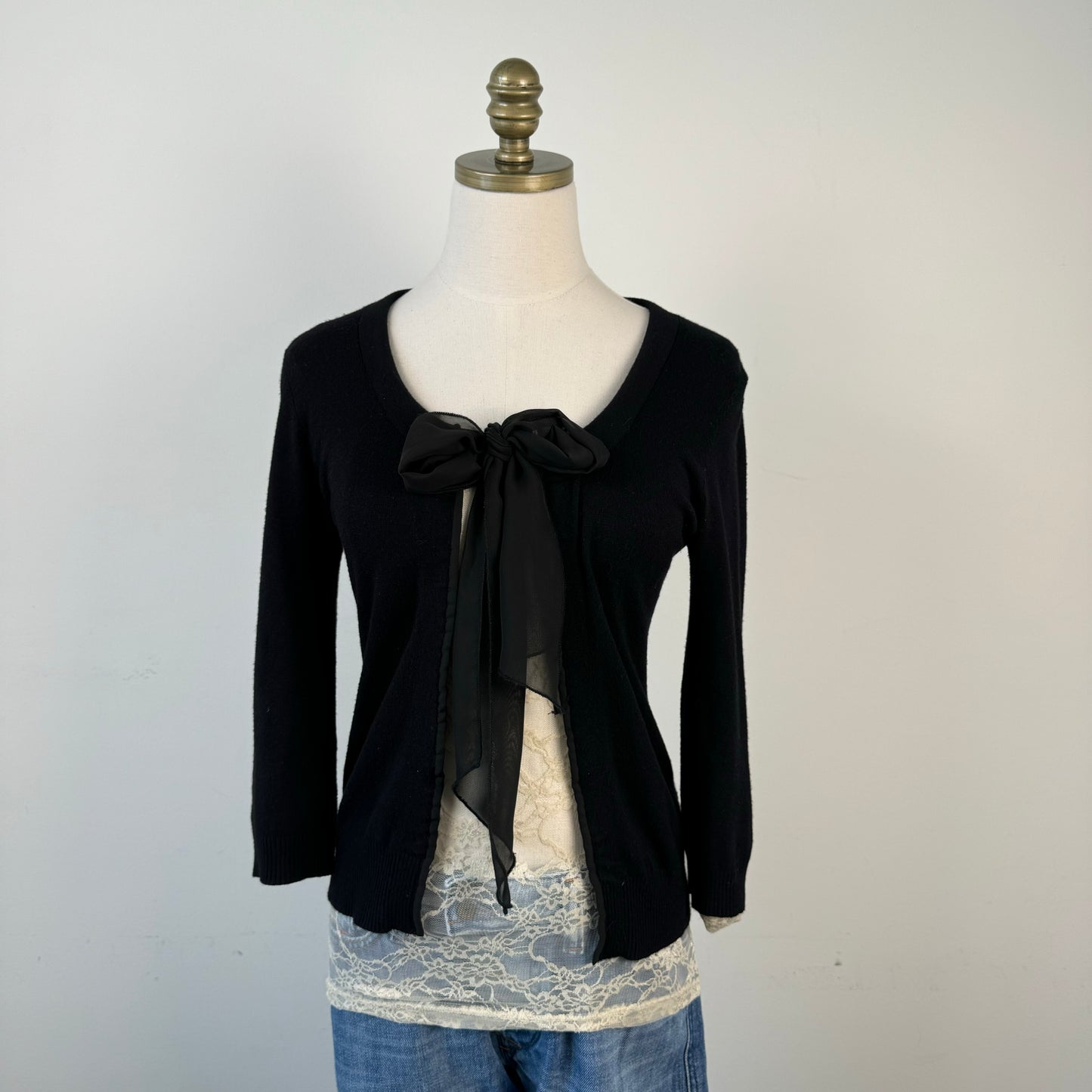 Black Open Front Chiffon Tie Up Sweater