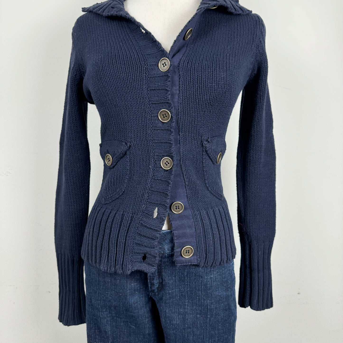 Navy Button Up Fitted Sweater