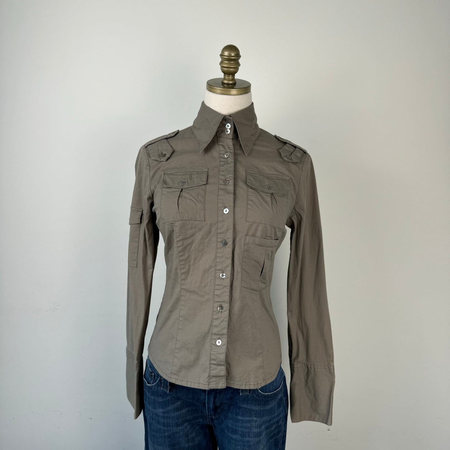 Khaki/Olive Green Fitted Utility Button Up Shirt