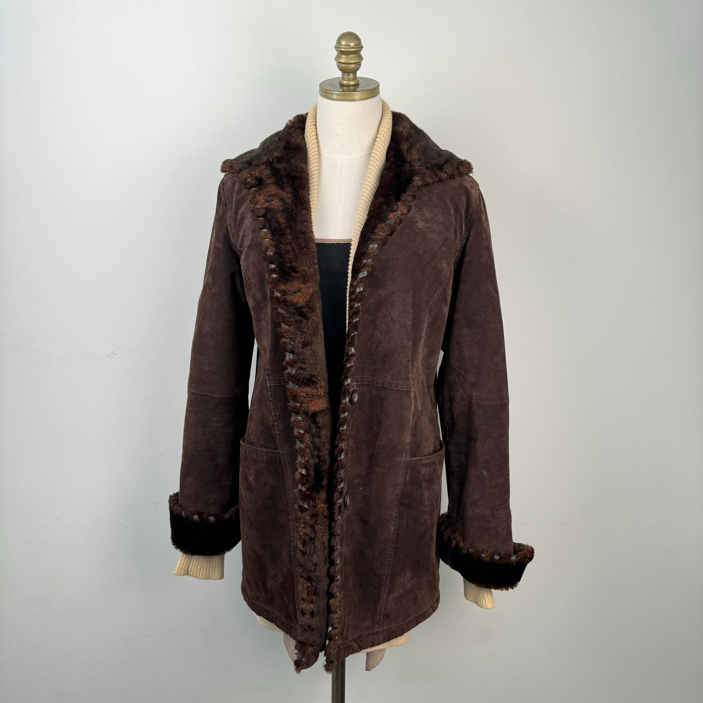 Vintage Brown Genuine Suede Leather Fur Trim Coat