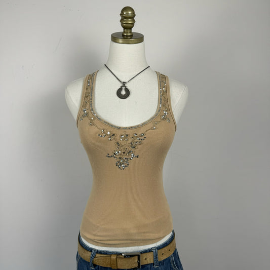 Fitted Beaded Beige Ribbed Knit Tank Top