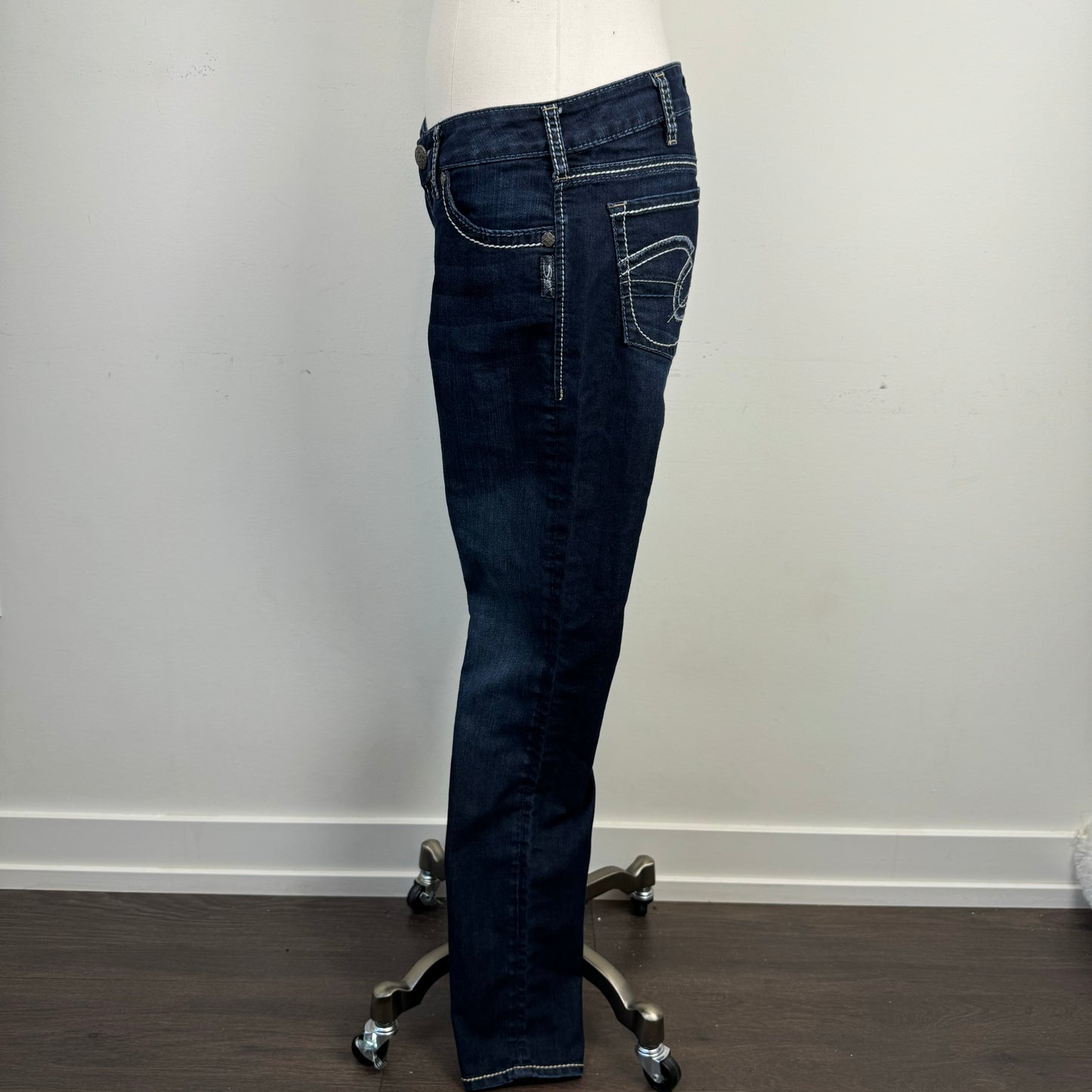 Silver Low Rise Dark Wash Straight Cut Jeans