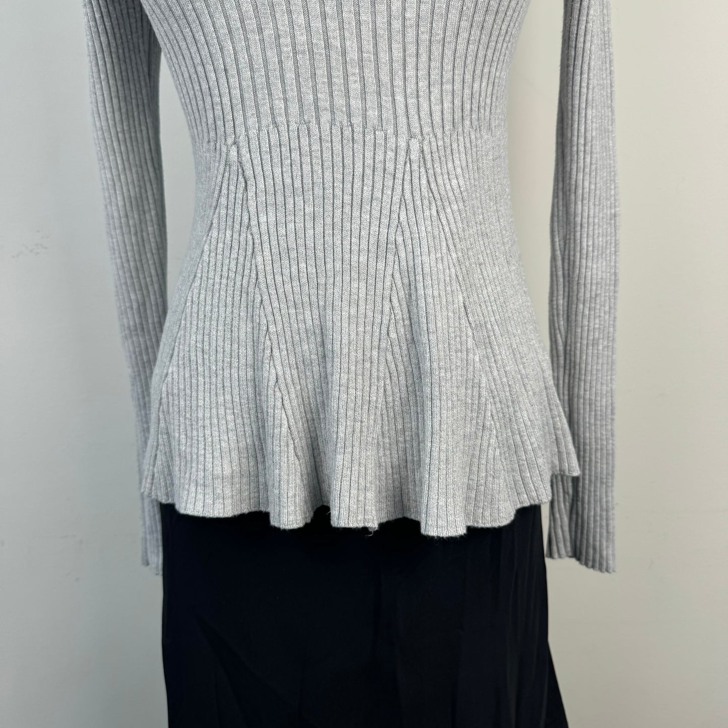 Grey Mock Neck Ribbed Sweater Flared Hem