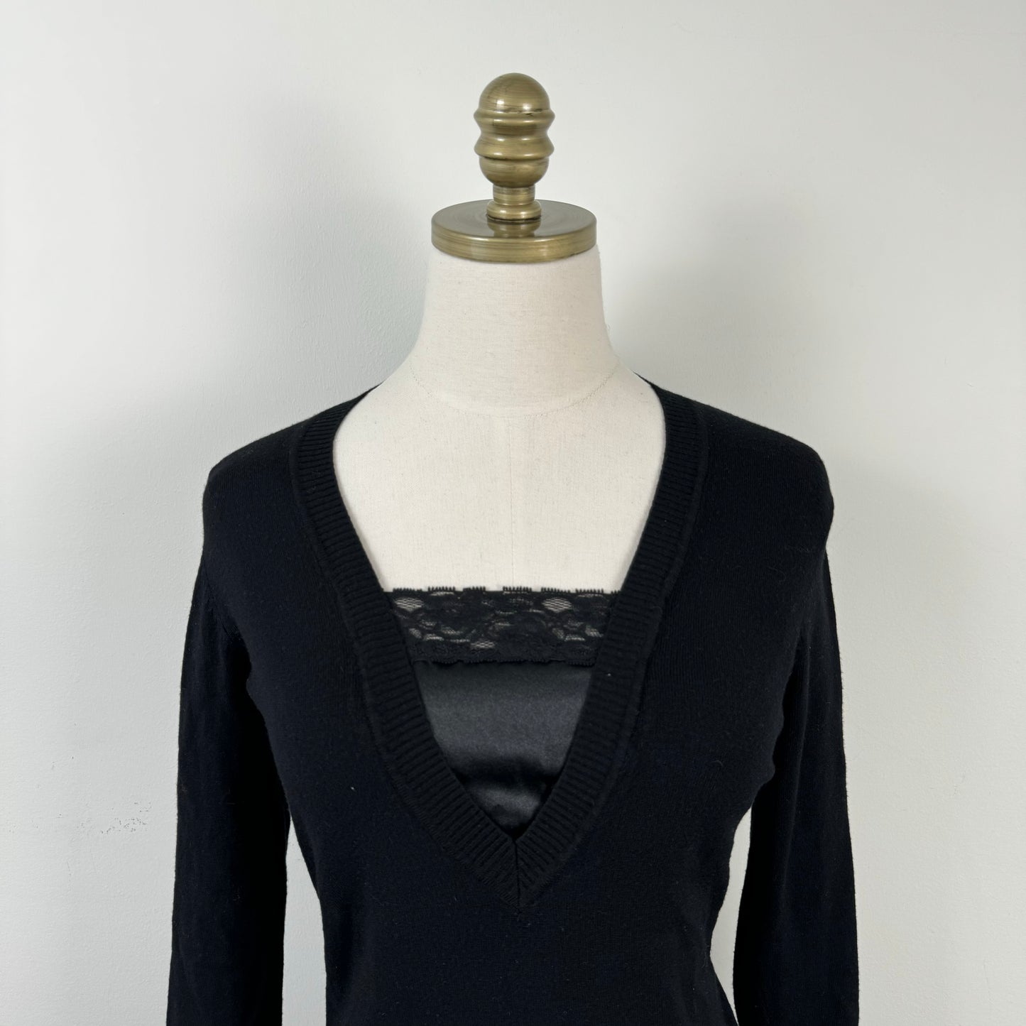 Black Knit Silky Lace Trim Top