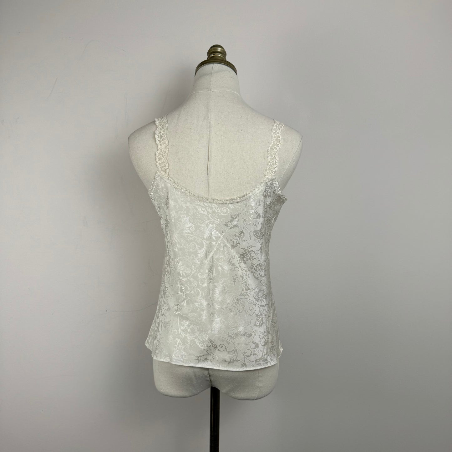 Vintage Cream Lace Trim Floral Print Satin Top