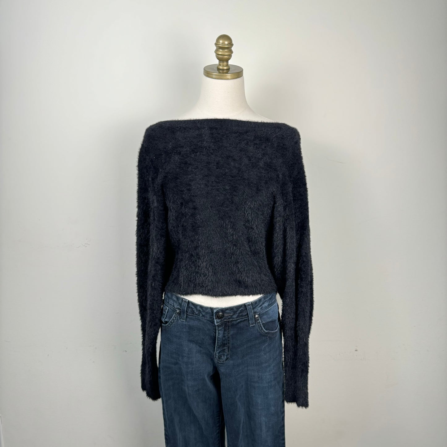 Black Off Shoulder Dolman Fuzzy Sweater