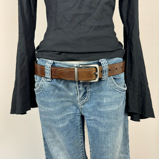 Chunky Brown Faded Silver Buckle Leather Belt