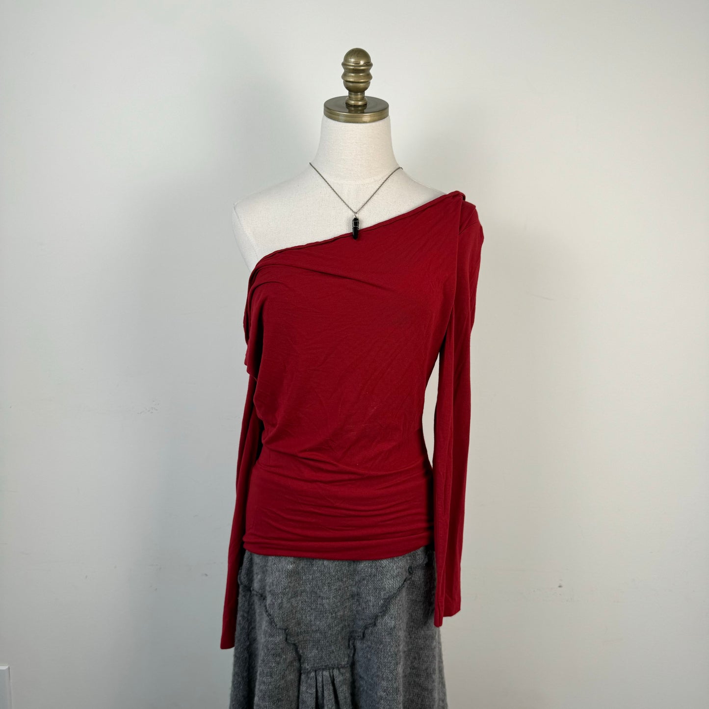 Red Slinky Off Shoulder / Cowl Neck Long Sleeve Top