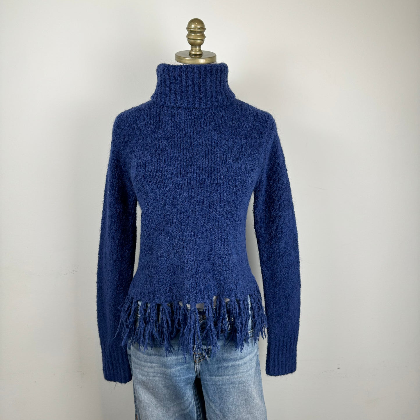 Dark Blue/Purple Turtleneck Sweater with Fringe Hem