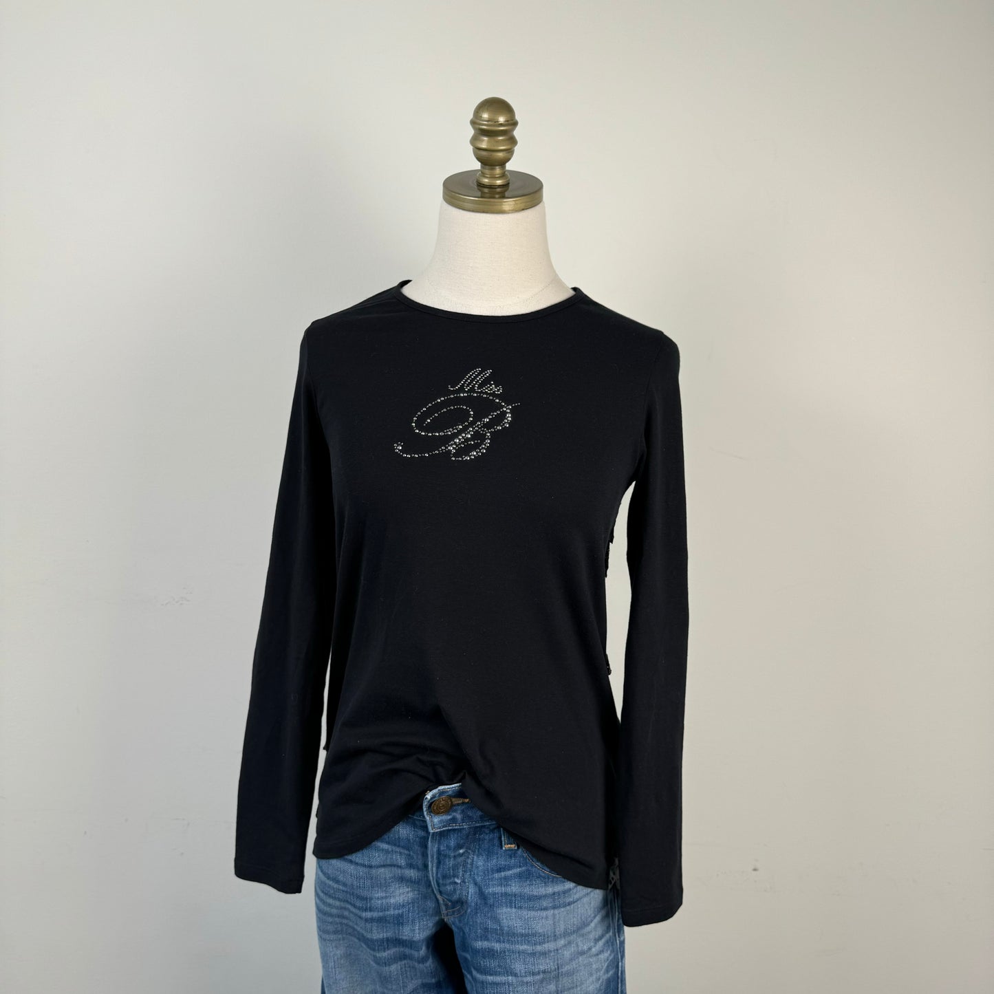 Blumarine Rhinestone Leather and Lace Long Sleeve Top