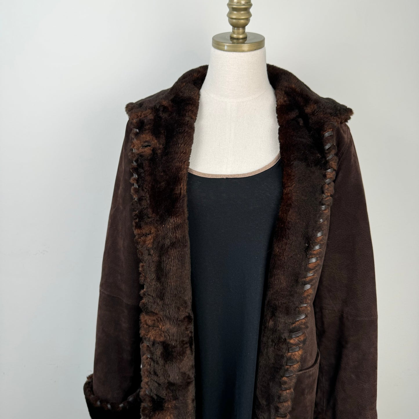 Vintage Brown Genuine Suede Leather Fur Trim Coat