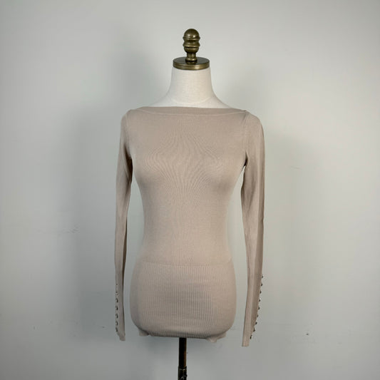Beige Boat Neck Fitted Long Sleeve Knit Top