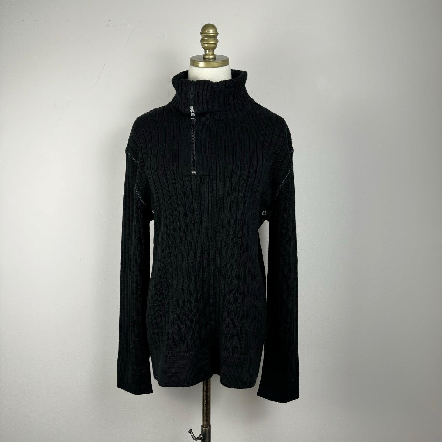 Black Oversized Ribbed Knit Quarter Zip Sweater