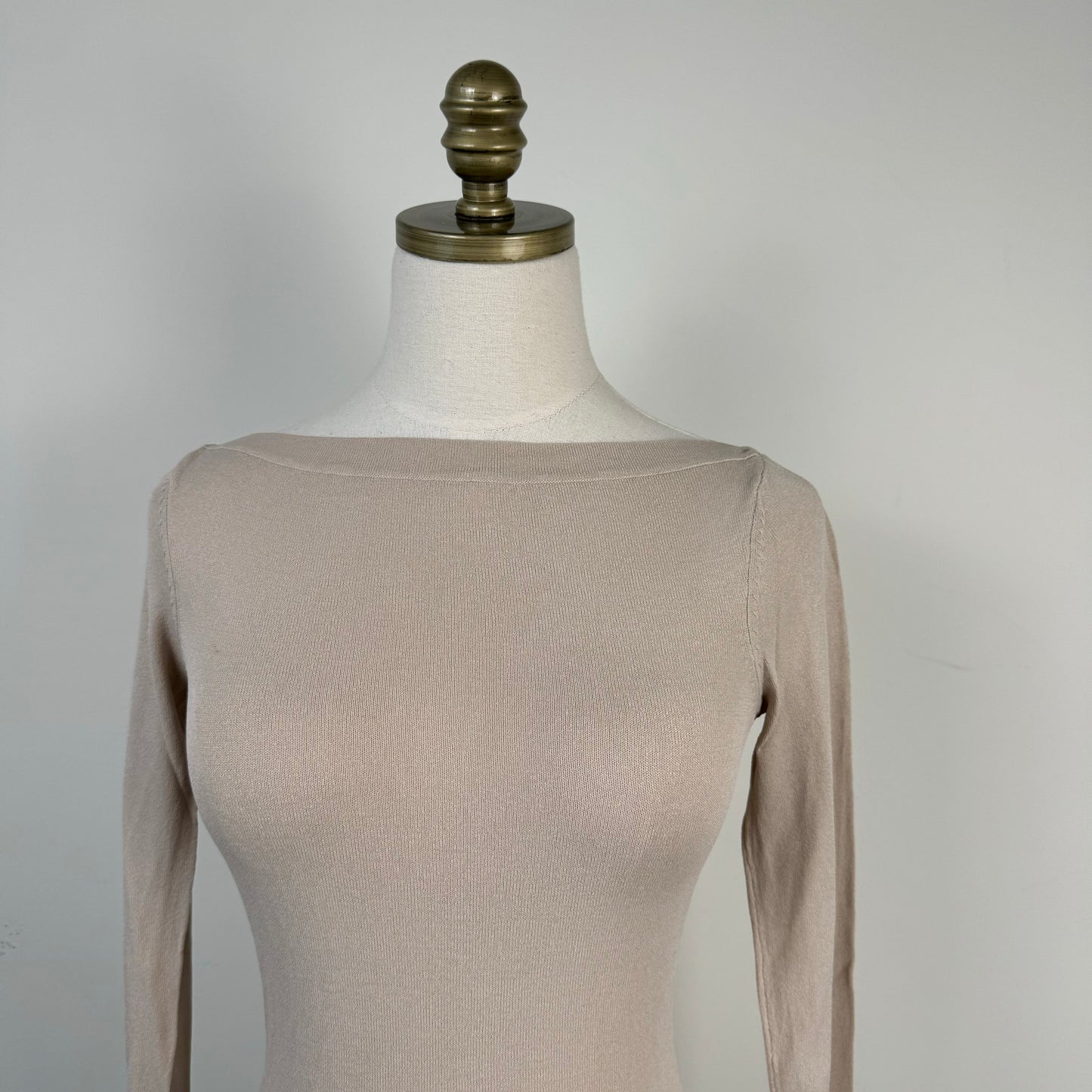 Beige Boat Neck Fitted Long Sleeve Knit Top