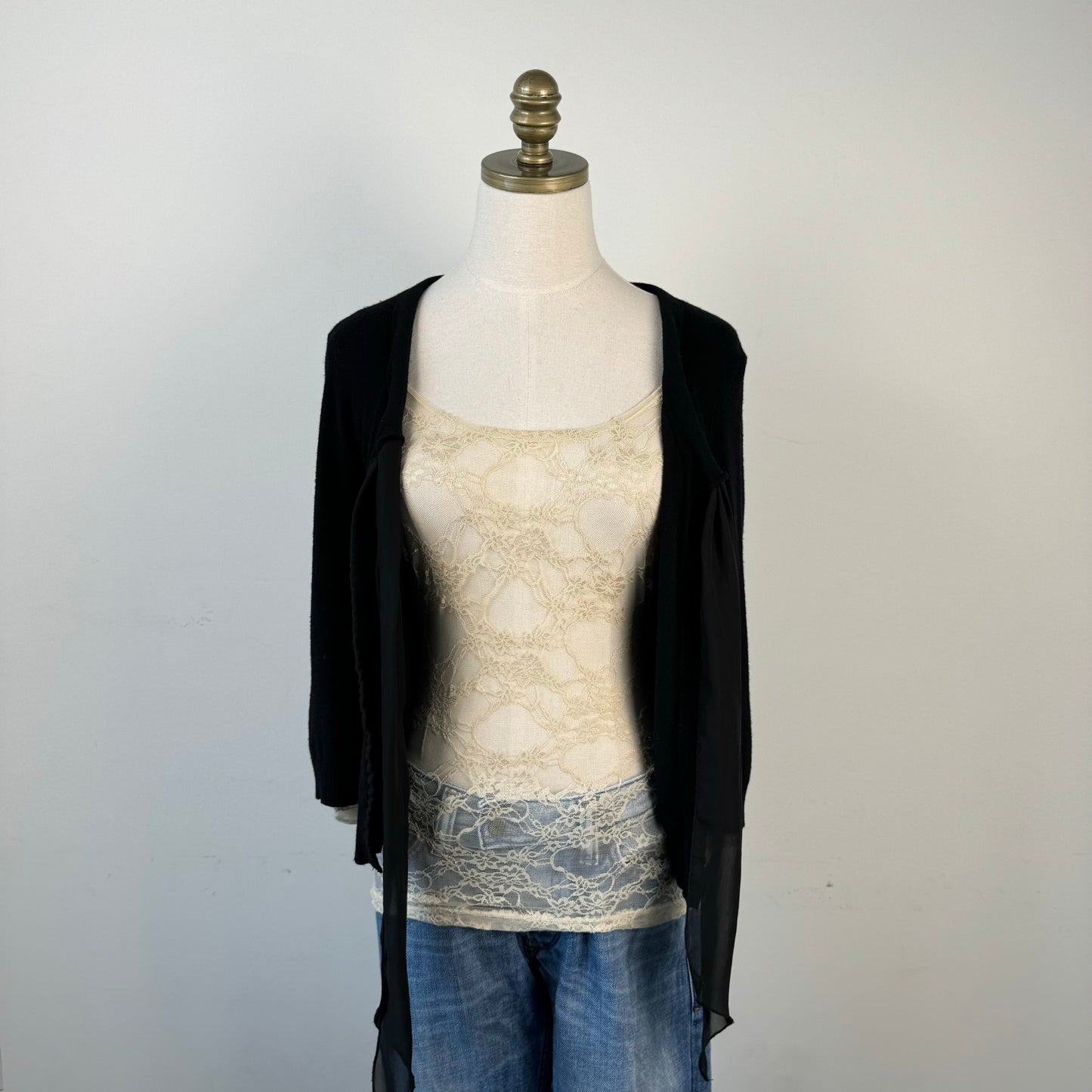 Black Open Front Chiffon Tie Up Sweater