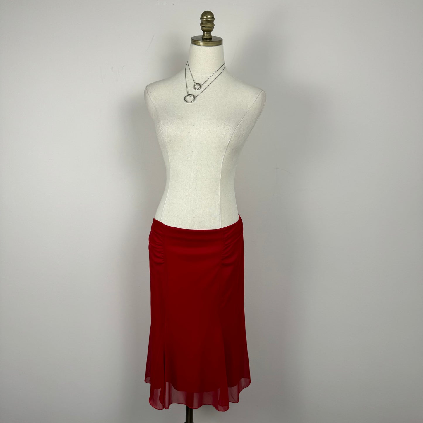 Vintage Red Mesh Overlay Midi Skirt