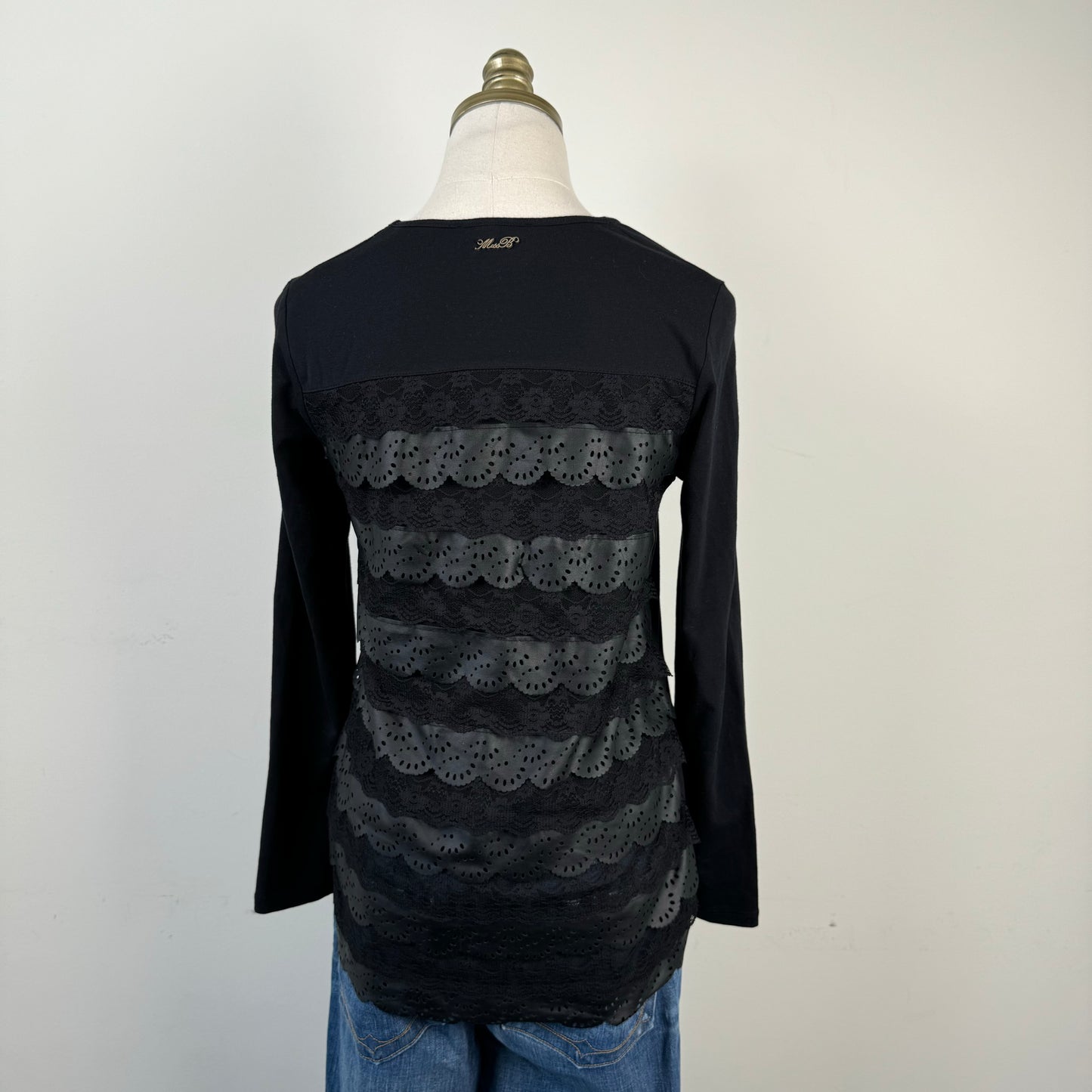 Blumarine Rhinestone Leather and Lace Long Sleeve Top