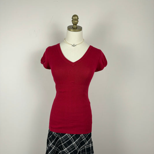 Dark Red Knit Short Sleeve Top